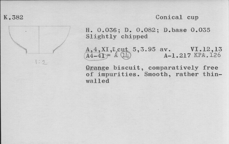 Index card with typed and handwritten information, sometimes including a sketch, of pottery from an excavation.