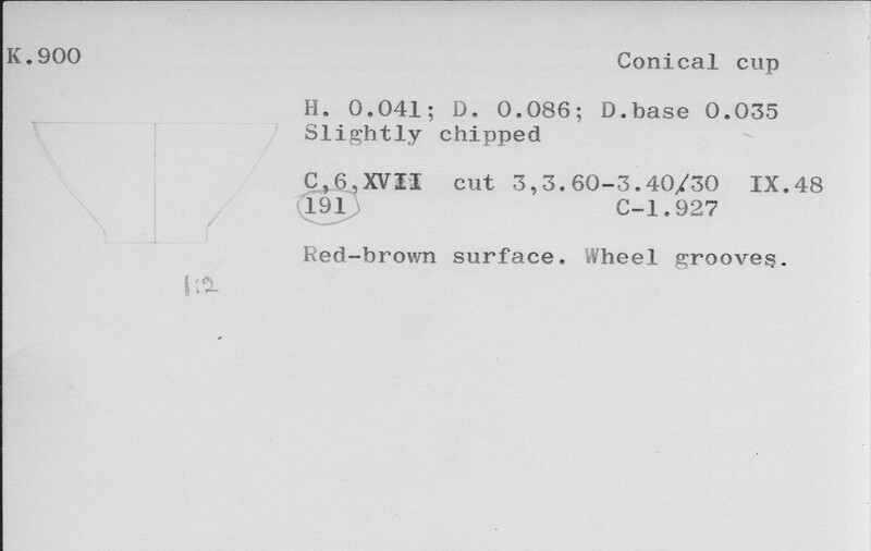 Index card with typed and handwritten information, sometimes including a sketch, of pottery from an excavation.