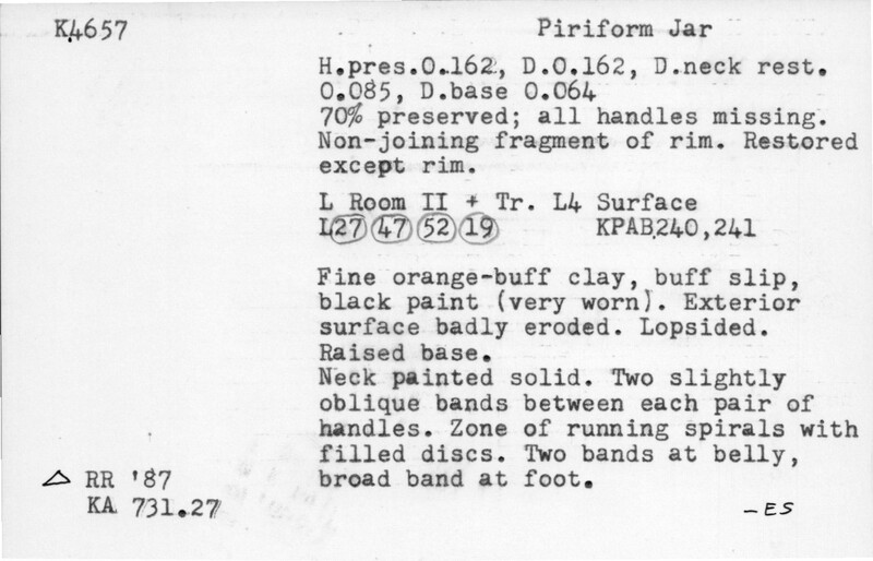Index card with typed and handwritten information, sometimes including a sketch, of pottery from an excavation.