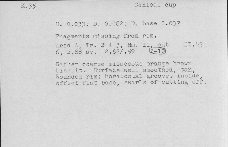 Index card with typed and handwritten information, sometimes including a sketch, of pottery from an excavation.