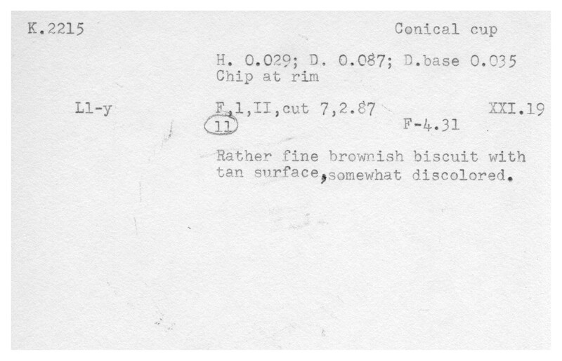 Index card with typed and handwritten information, sometimes including a sketch, of pottery from an excavation.