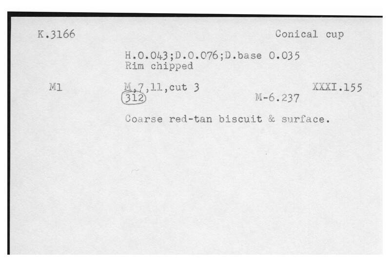 Index card with typed and handwritten information, sometimes including a sketch, of pottery from an excavation.