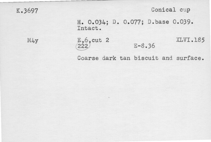 Index card with typed and handwritten information, sometimes including a sketch, of pottery from an excavation.