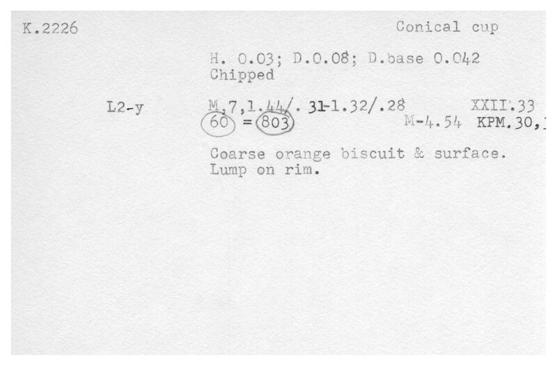 Index card with typed and handwritten information, sometimes including a sketch, of pottery from an excavation.