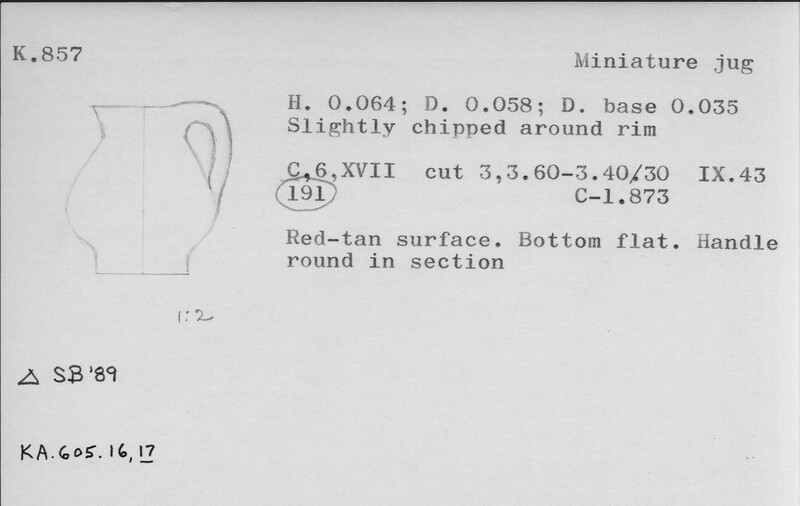 Index card with typed and handwritten information, sometimes including a sketch, of pottery from an excavation.