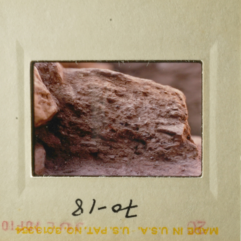 This is a photograph of an old slide depicting a rock formation, possibly from a geological study or collection.