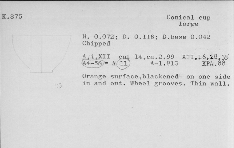 Index card with typed and handwritten information, sometimes including a sketch, of pottery from an excavation.