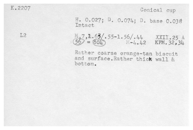 Index card with typed and handwritten information, sometimes including a sketch, of pottery from an excavation.