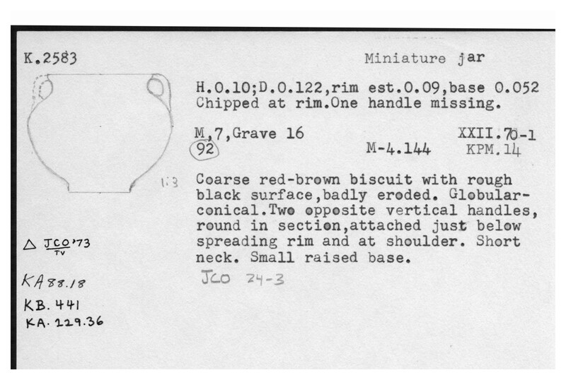Index card with typed and handwritten information, sometimes including a sketch, of pottery from an excavation.