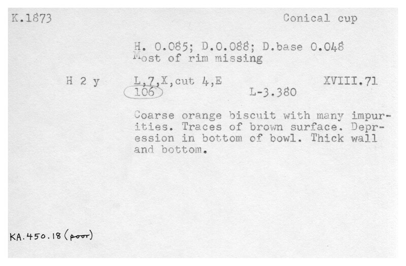 Index card with typed and handwritten information, sometimes including a sketch, of pottery from an excavation.