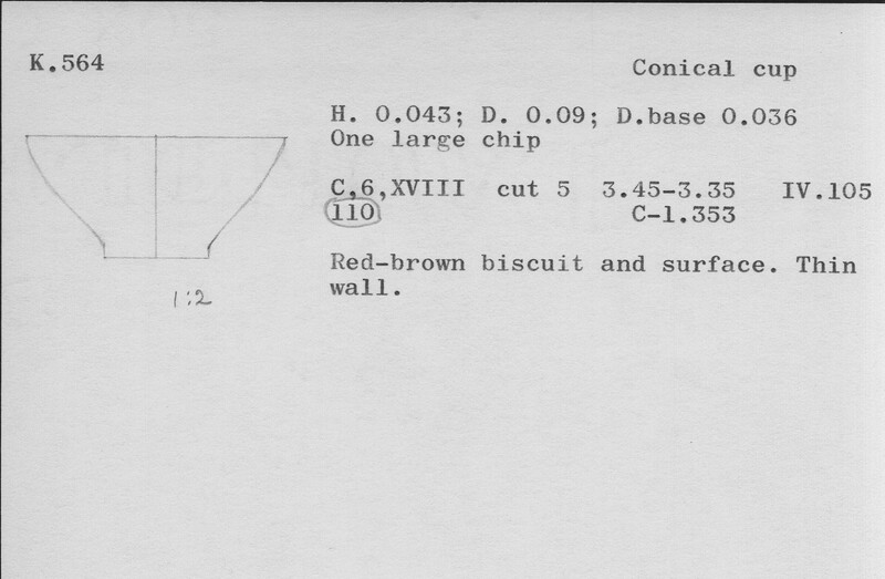 Index card with typed and handwritten information, sometimes including a sketch, of pottery from an excavation.
