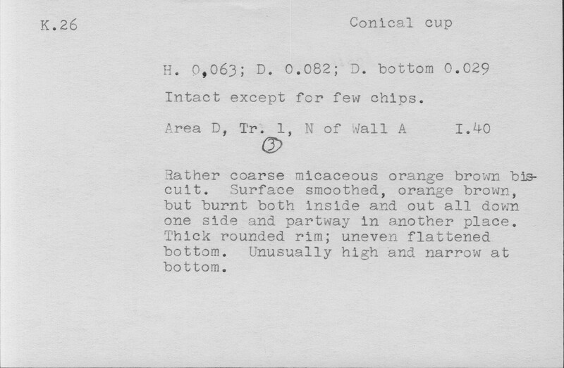 Index card with typed and handwritten information, sometimes including a sketch, of pottery from an excavation.