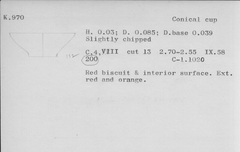 Index card with typed and handwritten information, sometimes including a sketch, of pottery from an excavation.