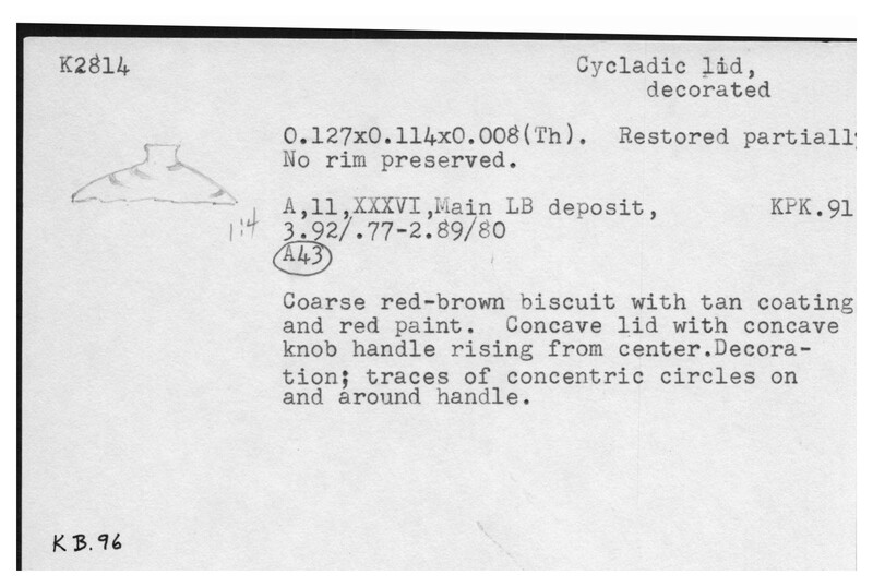 Index card with typed and handwritten information, sometimes including a sketch, of pottery from an excavation.