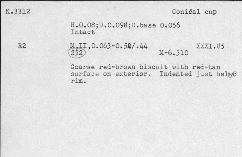 Index card with typed and handwritten information, sometimes including a sketch, of pottery from an excavation.