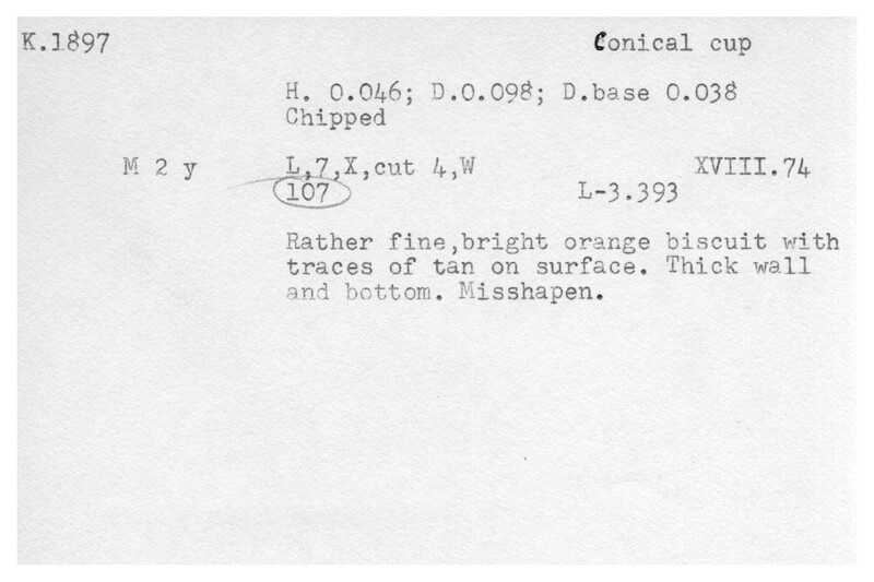 Index card with typed and handwritten information, sometimes including a sketch, of pottery from an excavation.