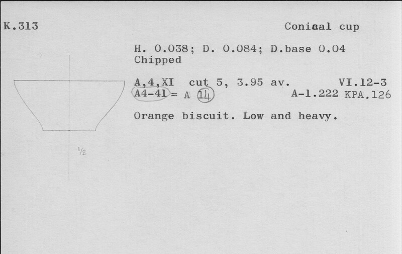 Index card with typed and handwritten information, sometimes including a sketch, of pottery from an excavation.