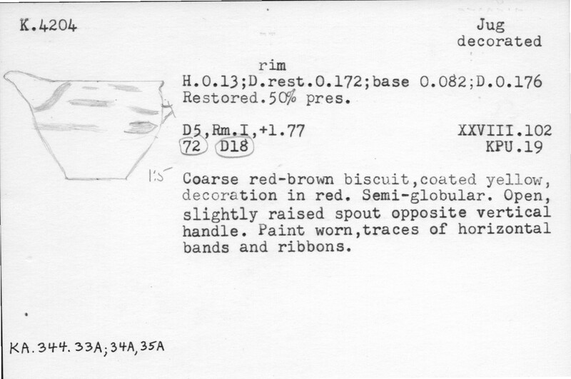 Index card with typed and handwritten information, sometimes including a sketch, of pottery from an excavation.