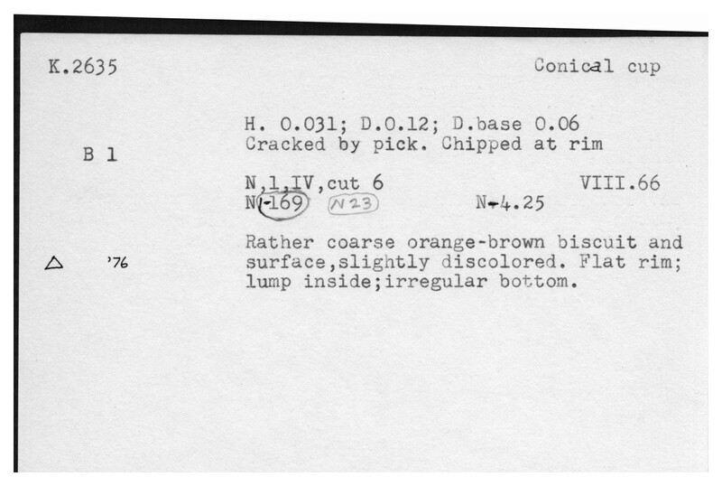 Index card with typed and handwritten information, sometimes including a sketch, of pottery from an excavation.