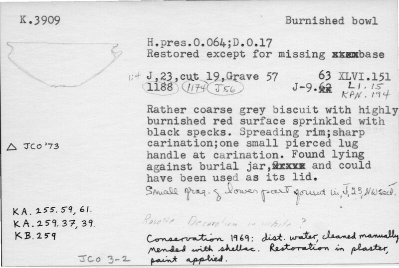 Index card with typed and handwritten information, sometimes including a sketch, of pottery from an excavation.