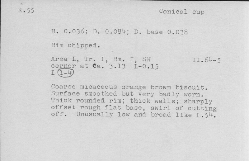 Index card with typed and handwritten information, sometimes including a sketch, of pottery from an excavation.