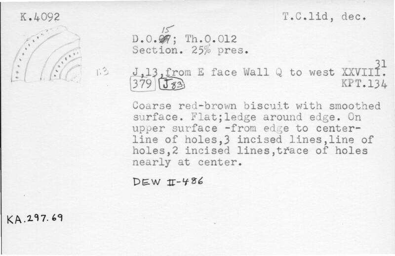 Index card with typed and handwritten information, sometimes including a sketch, of pottery from an excavation.