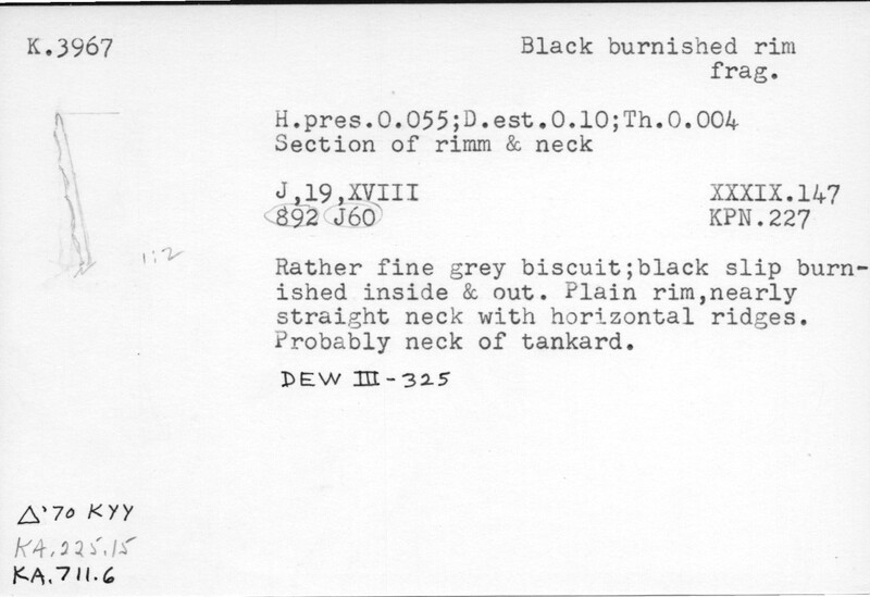 Index card with typed and handwritten information, sometimes including a sketch, of pottery from an excavation.