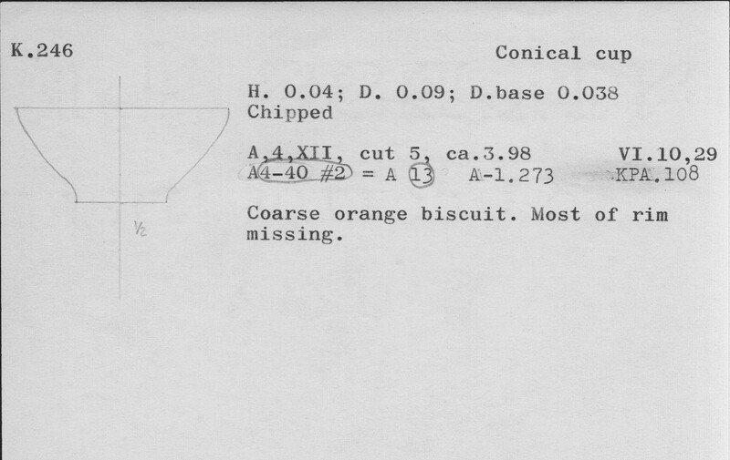 Index card with typed and handwritten information, sometimes including a sketch, of pottery from an excavation.
