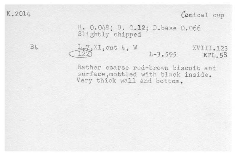 Index card with typed and handwritten information, sometimes including a sketch, of pottery from an excavation.