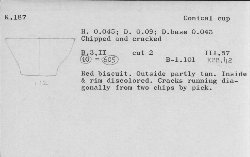 Index card with typed and handwritten information, sometimes including a sketch, of pottery from an excavation.