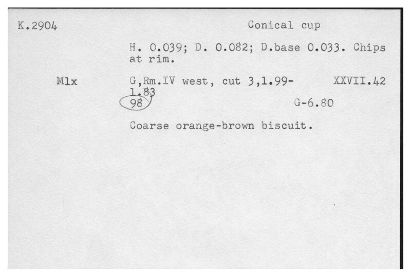 Index card with typed and handwritten information, sometimes including a sketch, of pottery from an excavation.