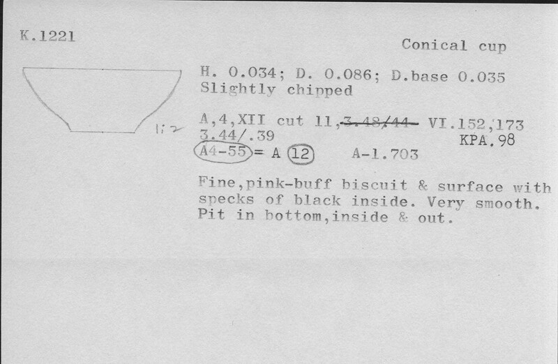 Index card with typed and handwritten information, sometimes including a sketch, of pottery from an excavation.