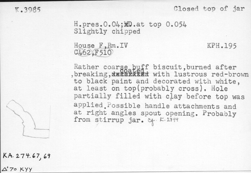 Index card with typed and handwritten information, sometimes including a sketch, of pottery from an excavation.