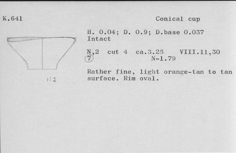 Index card with typed and handwritten information, sometimes including a sketch, of pottery from an excavation.