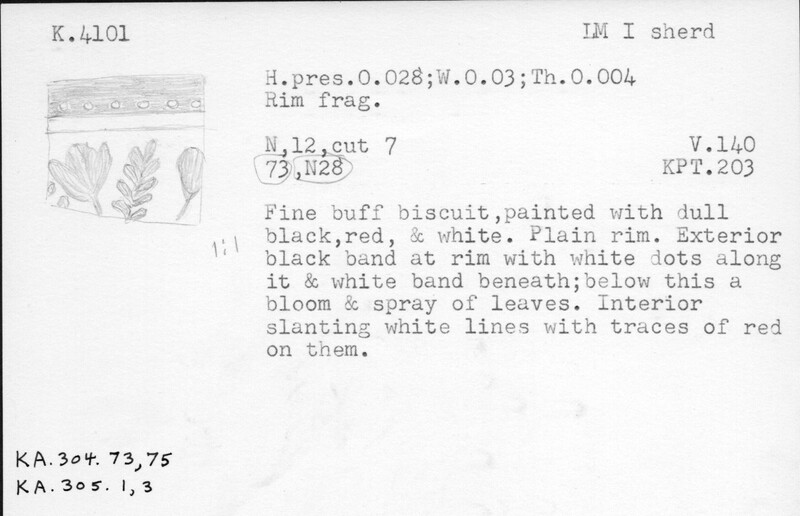 Index card with typed and handwritten information, sometimes including a sketch, of pottery from an excavation.