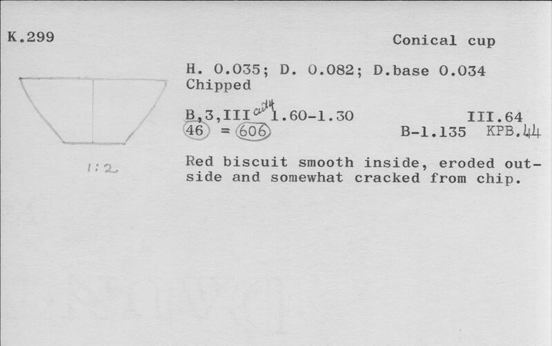 Index card with typed and handwritten information, sometimes including a sketch, of pottery from an excavation.