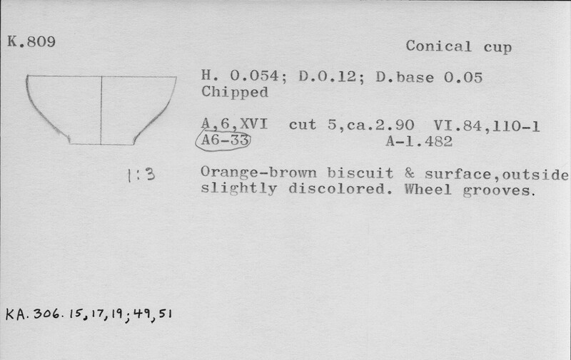 Index card with typed and handwritten information, sometimes including a sketch, of pottery from an excavation.