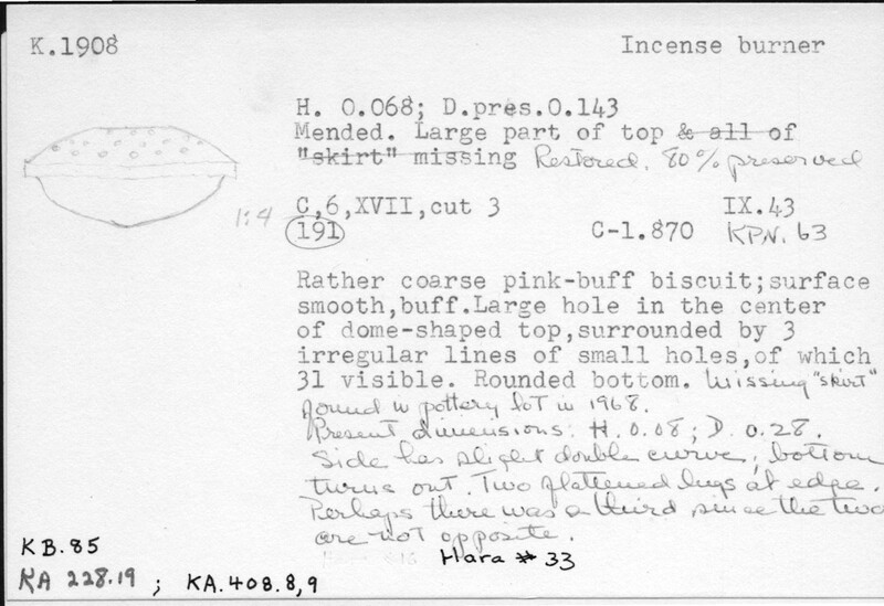 Index card with typed and handwritten information, sometimes including a sketch, of pottery from an excavation.