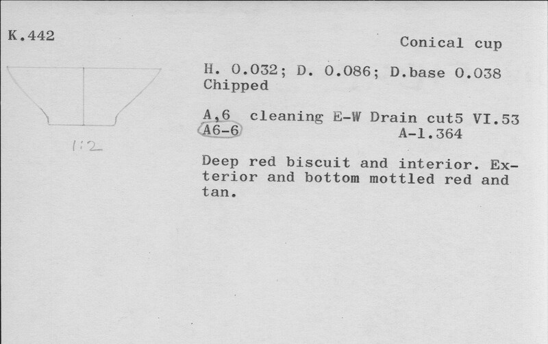 Index card with typed and handwritten information, sometimes including a sketch, of pottery from an excavation.