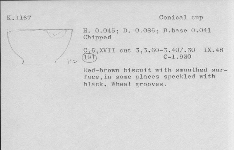 Index card with typed and handwritten information, sometimes including a sketch, of pottery from an excavation.