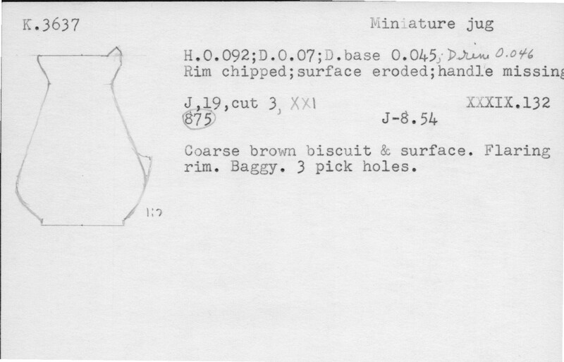Index card with typed and handwritten information, sometimes including a sketch, of pottery from an excavation.