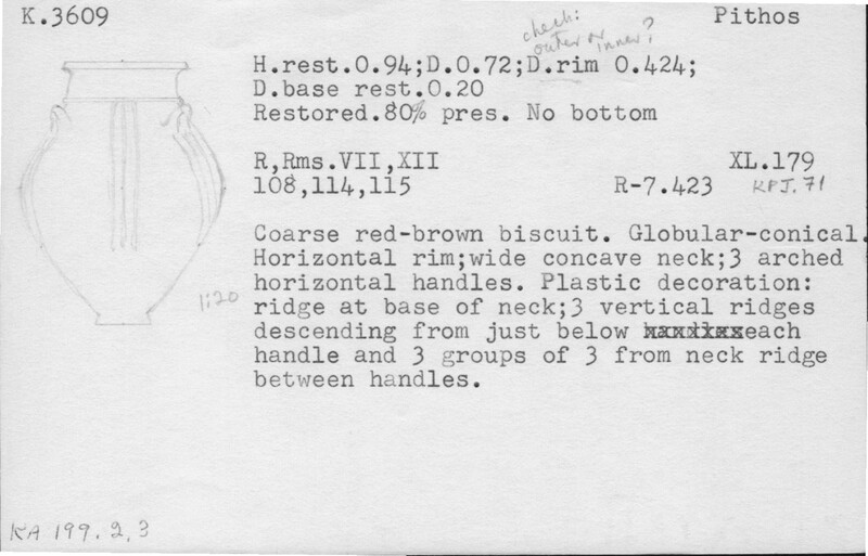 Index card with typed and handwritten information, sometimes including a sketch, of pottery from an excavation.