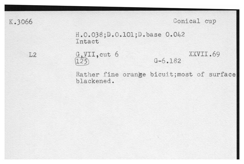 Index card with typed and handwritten information, sometimes including a sketch, of pottery from an excavation.