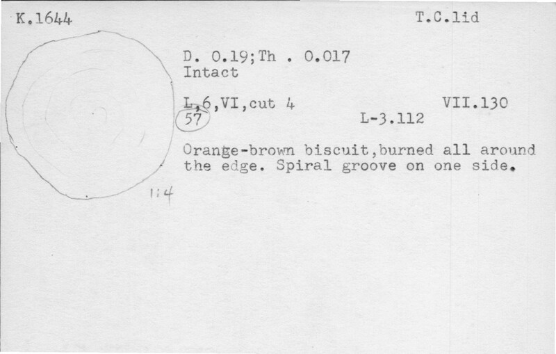 Index card with typed and handwritten information, sometimes including a sketch, of pottery from an excavation.