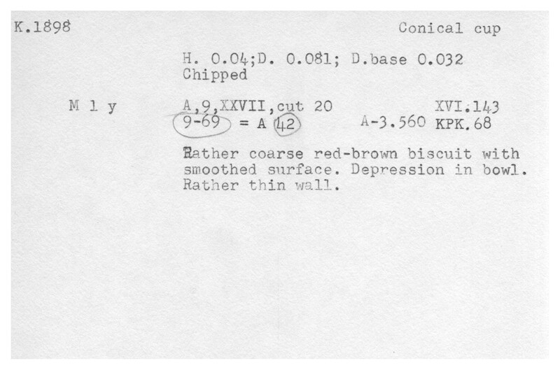 Index card with typed and handwritten information, sometimes including a sketch, of pottery from an excavation.