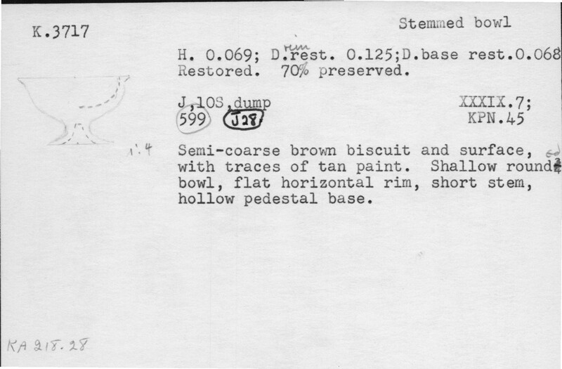 Index card with typed and handwritten information, sometimes including a sketch, of pottery from an excavation.