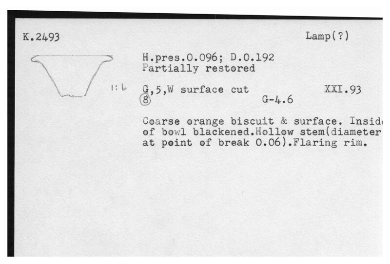 Index card with typed and handwritten information, sometimes including a sketch, of pottery from an excavation.