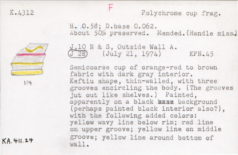 Index card with typed and handwritten information, sometimes including a sketch, of pottery from an excavation.