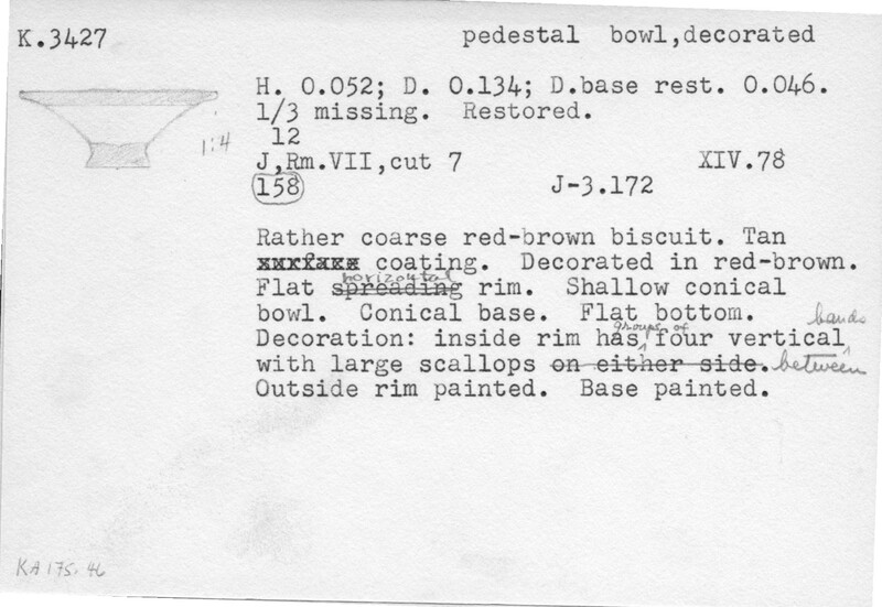 Index card with typed and handwritten information, sometimes including a sketch, of pottery from an excavation.