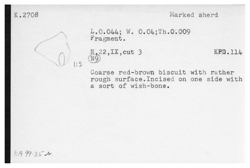 Index card with typed and handwritten information, sometimes including a sketch, of pottery from an excavation.
